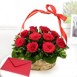 Red rose basket with greeting card
